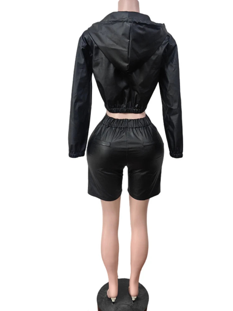 Simple Two-Piece Set Women Tracksuit Fall Zip Hooded Jacket+Shorts Matching Smooth Hipster Activity Streetwear Outfits