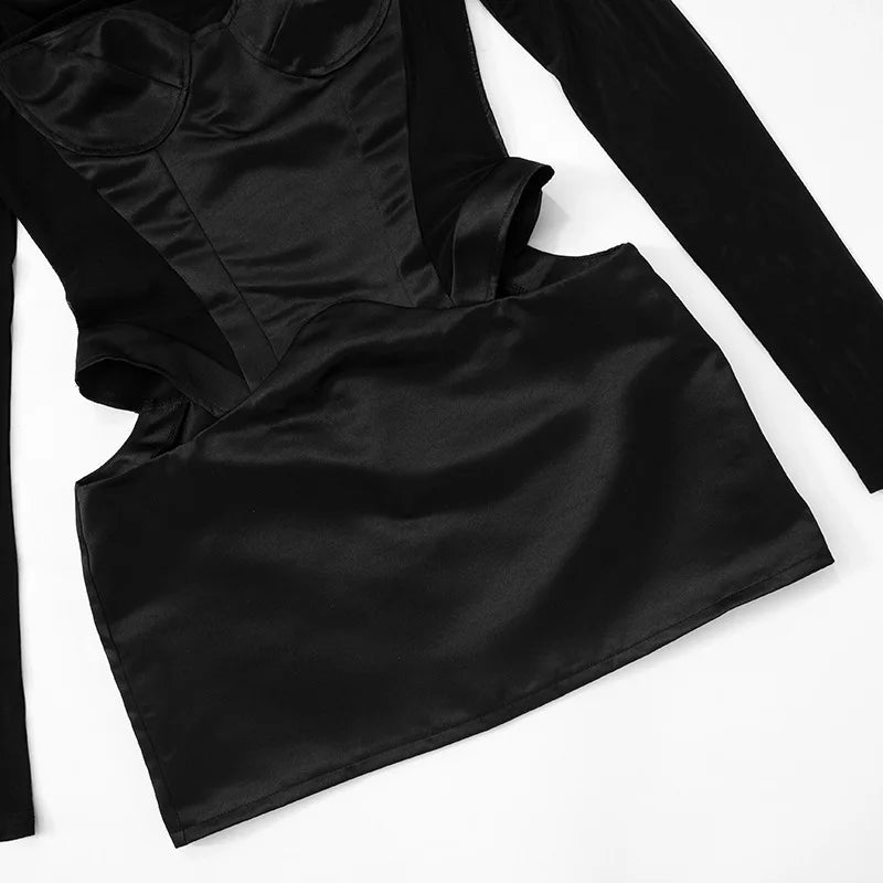 Transparent Mesh Patchwork Black Sexy Dresses for Party Club Wear Turtleneck Long Sleeve Cut Out Mini Dress