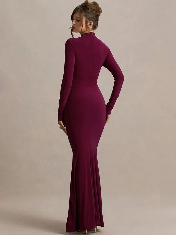 High Neck Long Sleeve Mermaid Maxi Dress Women Slim Ruched Waist Bodycon Floor Length Evening Party Formal Dress