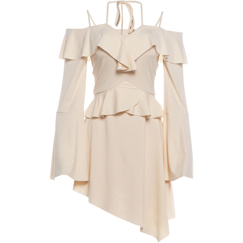 Ruffled Patchwork Dress Women Sexy Simple Slash Neck Bandages Puff Sleeve Irregular Hem Fashion Party Club Bodycon