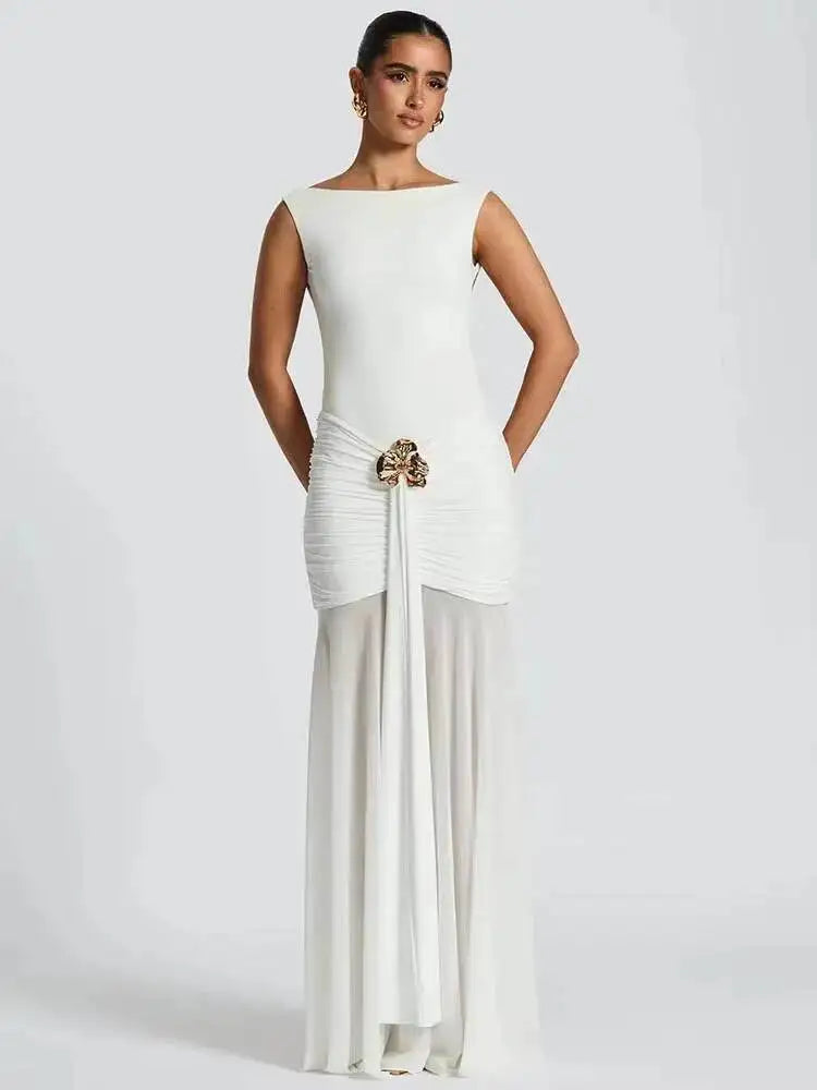 Metal Flower Backless Ruched Sexy Maxi Dress Women Gown Fashion Sleeveless Backless Bodycon Club Party Dress Elegant