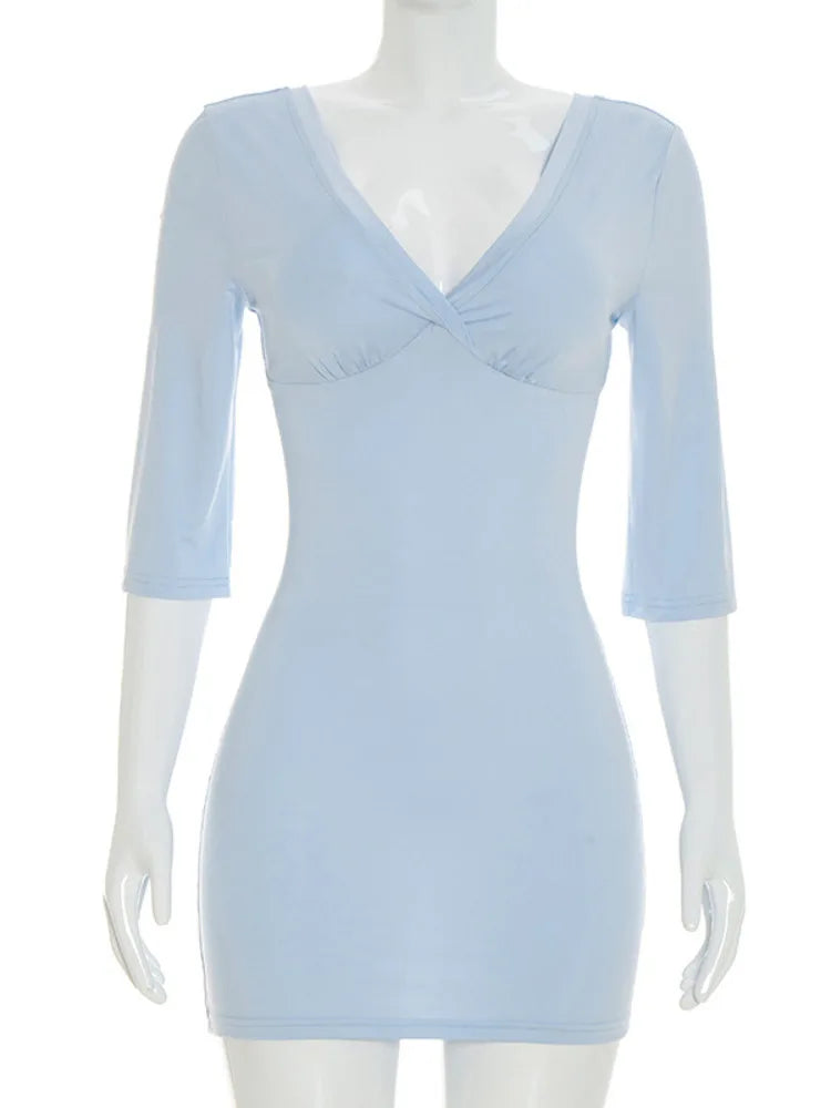 V Neck Half Sleeves Backless Sexy Mini Dress Women Elegant Summer Ruched Wrap Bodycon Club Party Dress Female Clothes