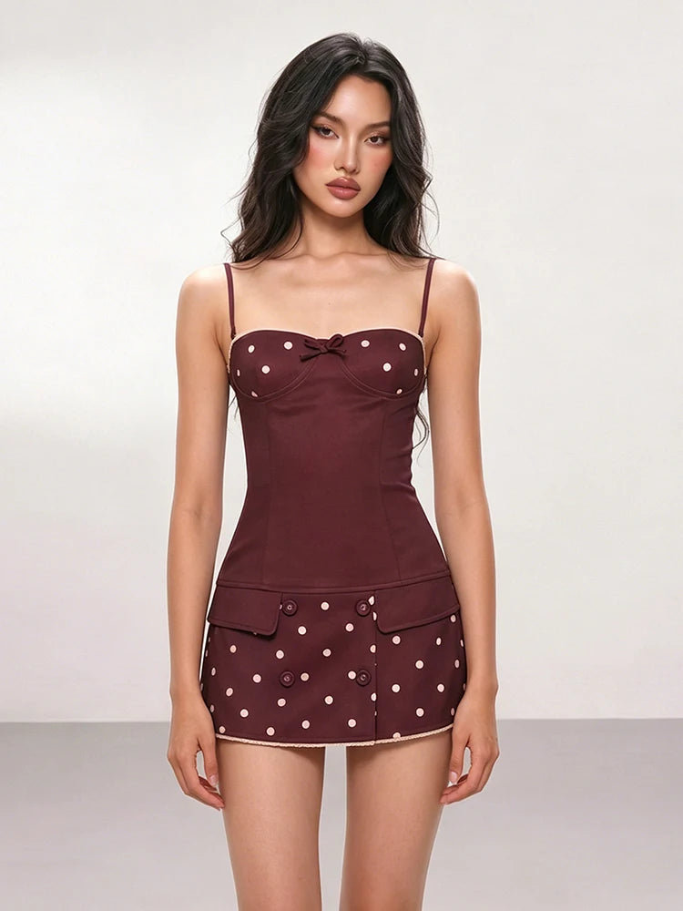 Fashion Party Dress Women Sexy Bow Applique Polka Dot Print Patchwork Button Square Collar Elegant Street Bodycon