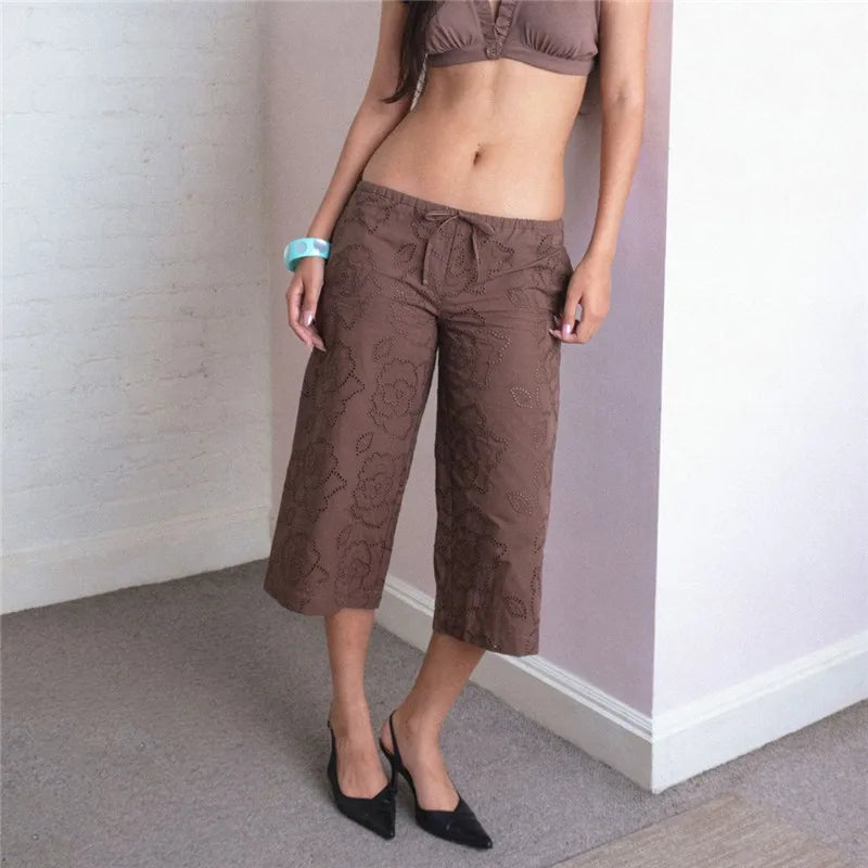 Women Eyelet Embroidery Capri Pants Elastic Drawstring Waist Hollow Loose Cropped Wide Leg Y2K Vintage Casual Trousers