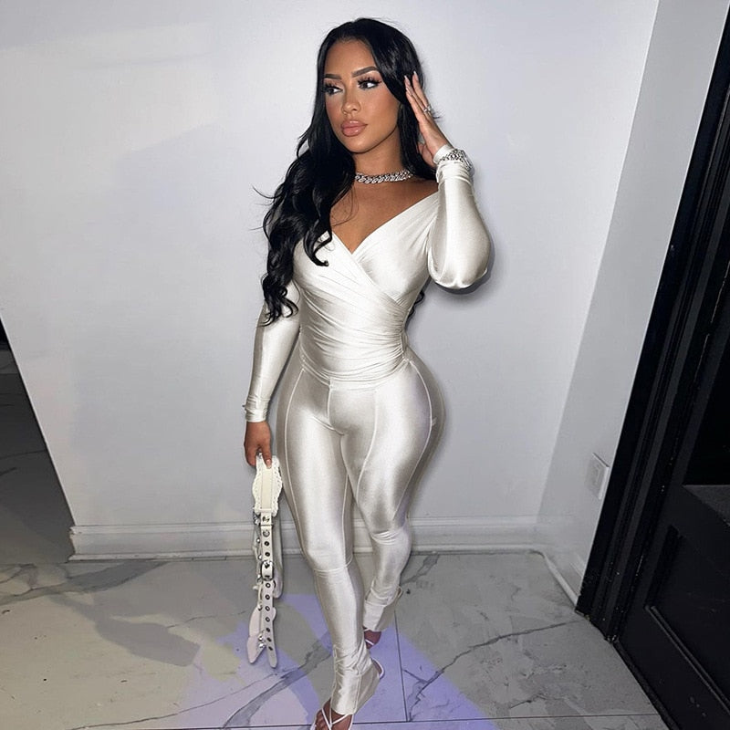 2 Piece Pant Sets Top Leggings Matching Sets Sexy Club Outfit Deep V Long Sleeve Jumpsuit Womens Fall Clothing