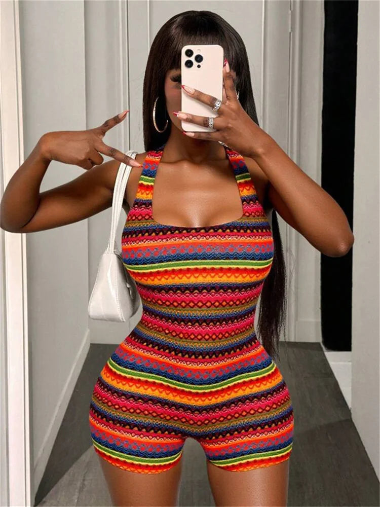 Fashion Print Playsuits Women Square Collar Backless Skinny Peach Hip Hot Girls Midnight Trend Sexy Club Party Romper