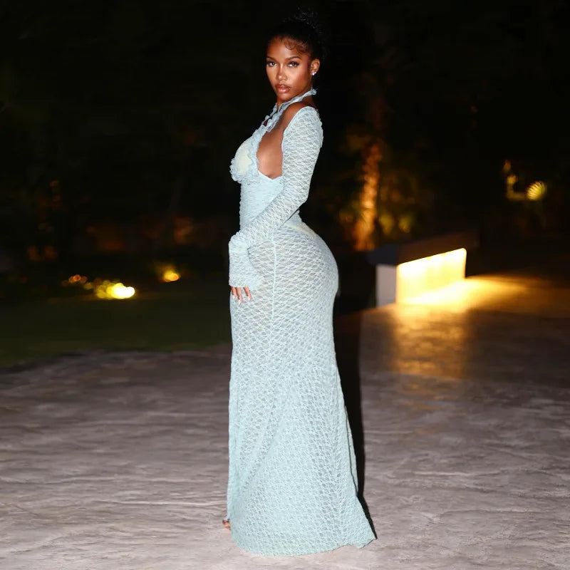 See Through Lace Dress for Woman Elegant Sexy Long Sleeve Maxi Dresses Beach Vacation Outfits