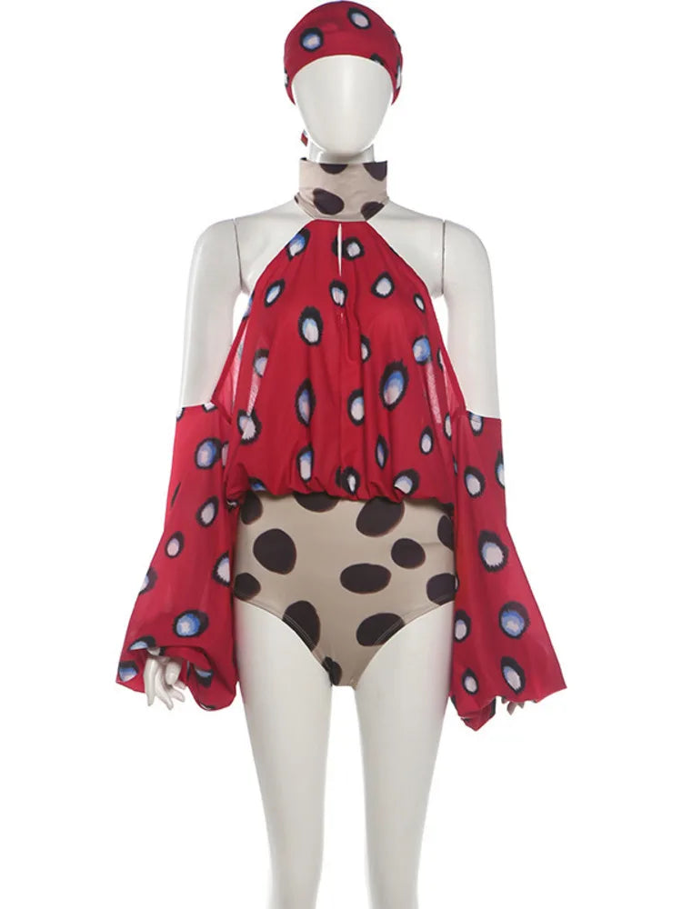 Women Halter Off Shoulder Sexy Bodysuit 2 Piece Outfit Leopard Print Sheer Blouse Shorts Set Clubwear Matching Sets