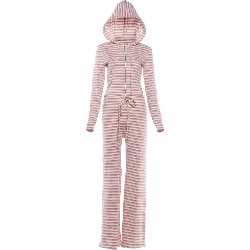 Casuals Stripes 2 Piece Set Women Trend Hooded Zip Full Sleeve Jacket+Drawstring Wide-Leg Pants Fashion Streetwear