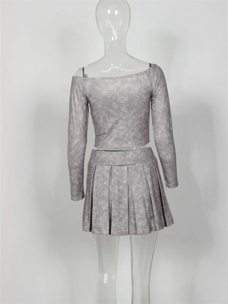 2-Piece Set Women One Shoulder Long Sleeves Letter Print Biased Collar Crop Tops+Pleated Skirt Street Matching Suits