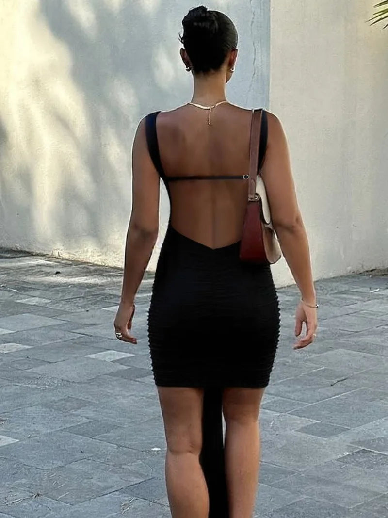 Sleeveless Draped Backless Short Dresses Black Luxury Cocktail Party Evening Dresses Elegant Woman Outfits