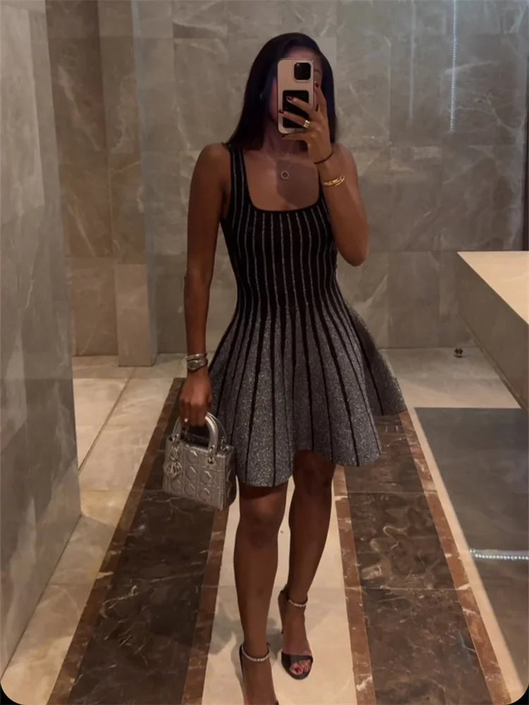 Stripe Patchwork Crochet Mini Dress Women Summer Trend Square Collar Backless Sleeveless Prom Party Elegant Outfits