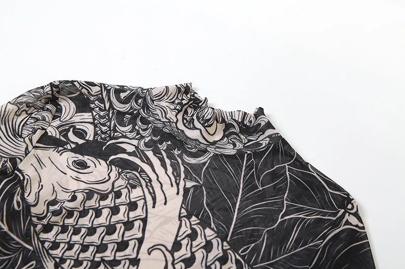 Vintage Printed Mesh Dress See Through Long Sleeve Maxi Dresses for Women Streetwear Y2k Clothing