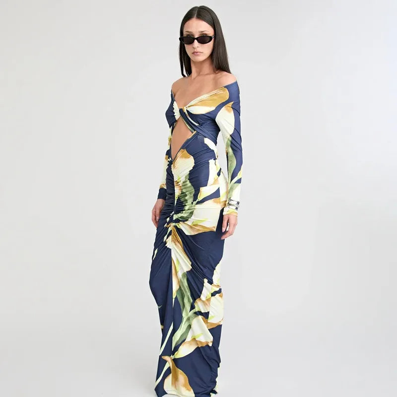 Floral Print Off Shoulder V Neck Hollow Maxi Dress with Long Sleeve Elegant Woman Clothing Fall 2026