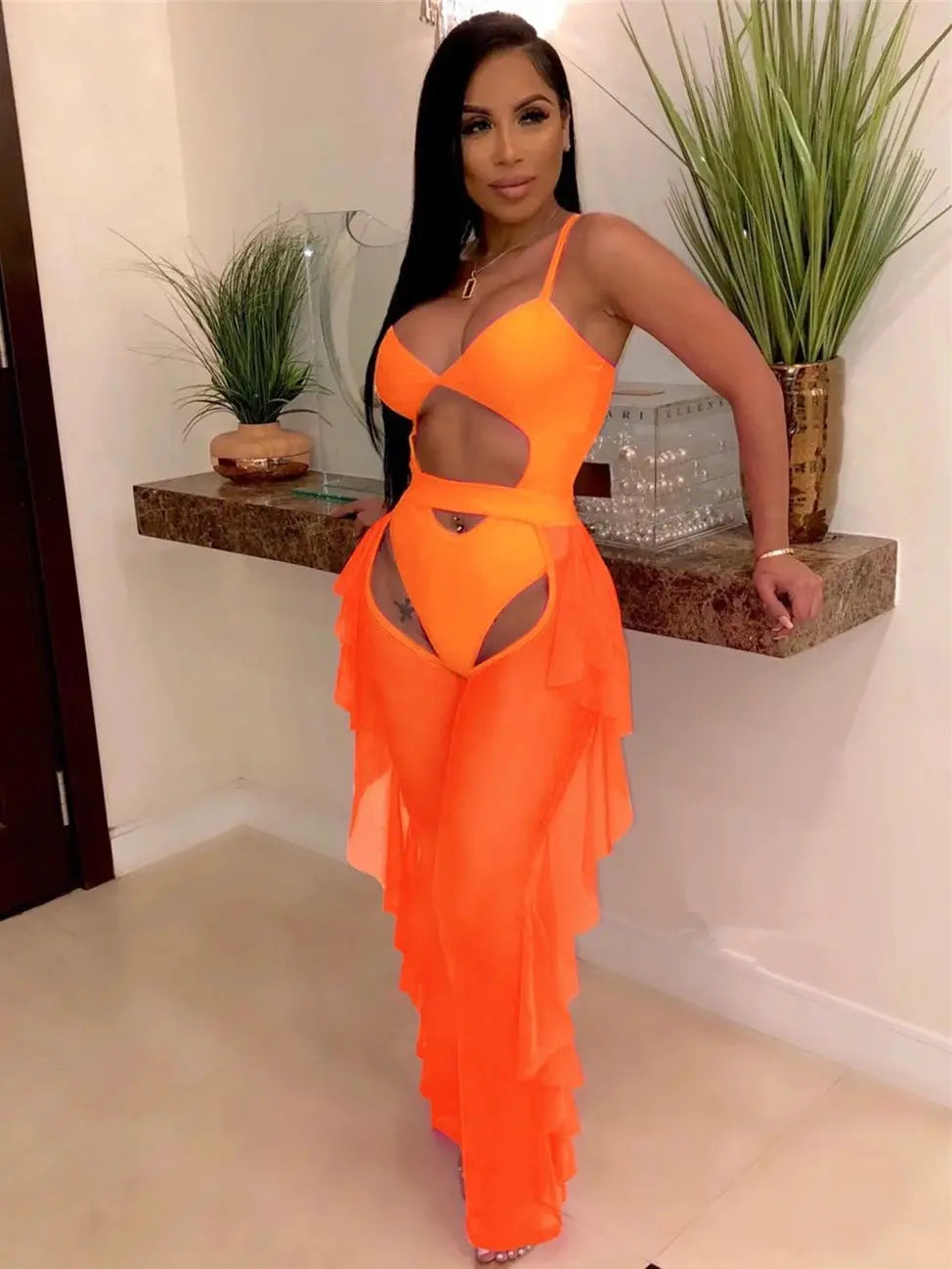 Summer 2 Piece Set Women Sexy Hollow See Through Bodysuit Top+Ruffles Pants Vacation Beach Matching Clubwear Outfits