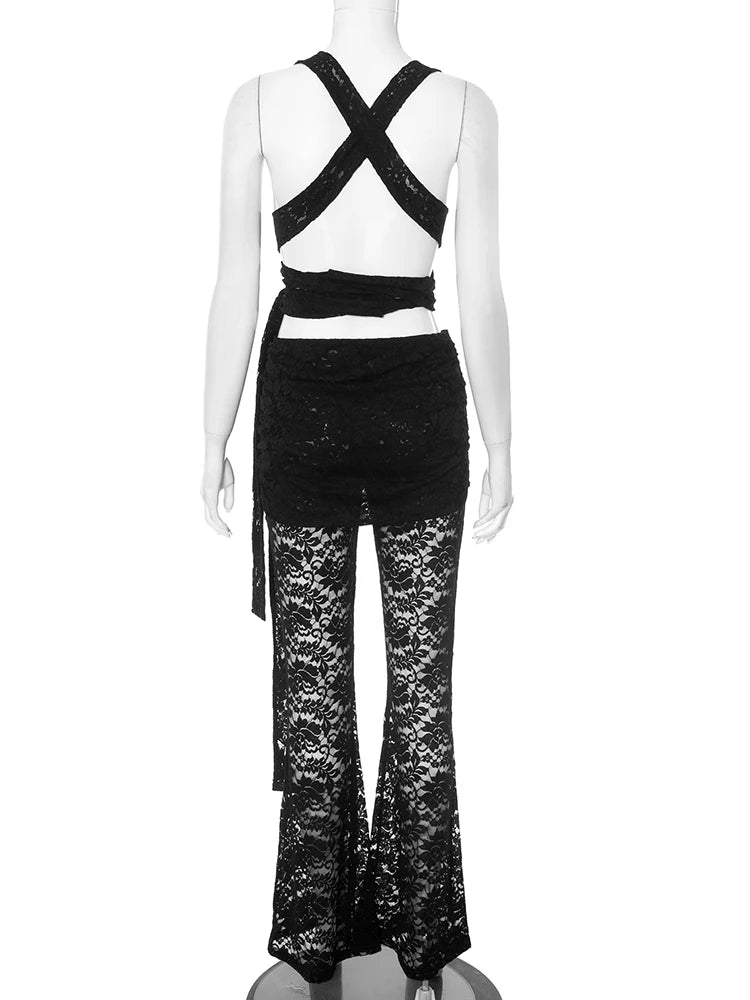 Jacquard Women 2 Piece Set Thin Summer Trend Backless Bandage Cross Tank Tops+Skirts Pants Matching Clubwear Outfits
