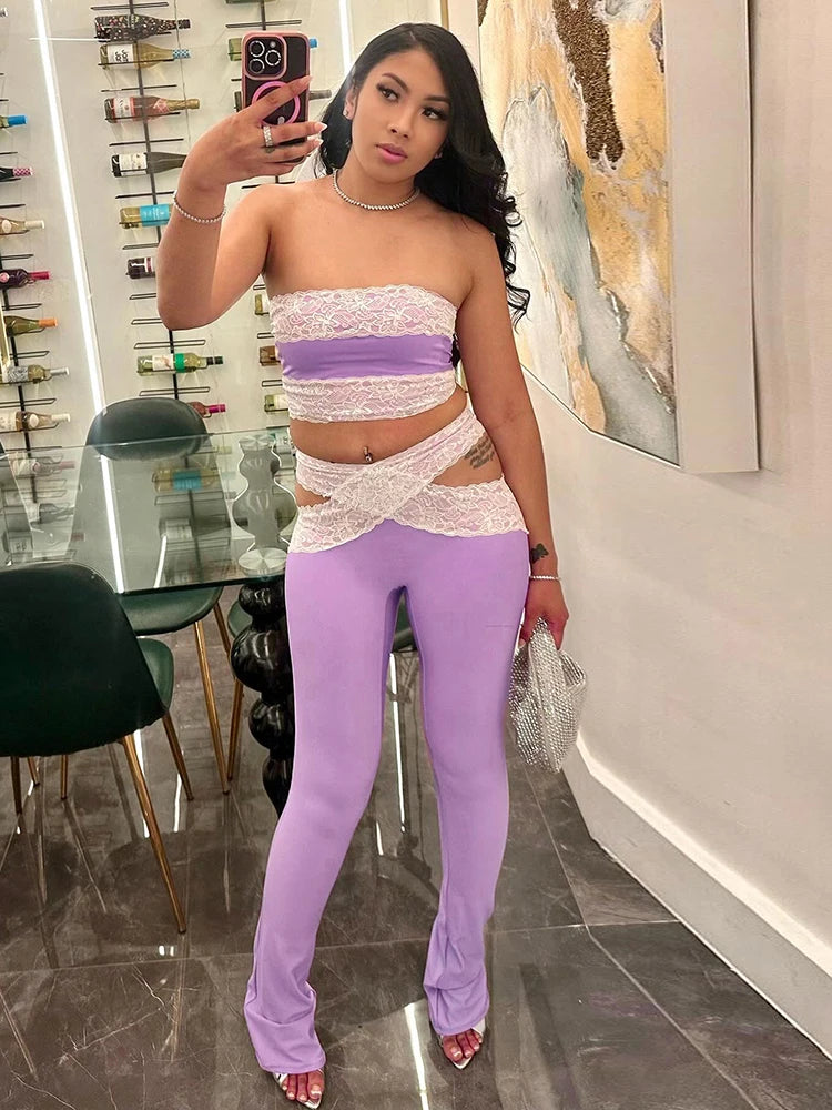 Mesh Patchwork 2 Piece Set Women Sexy Backless Strapless Tops+Cross Hollow Skinny Long Pants Hottie Wild Style Suits