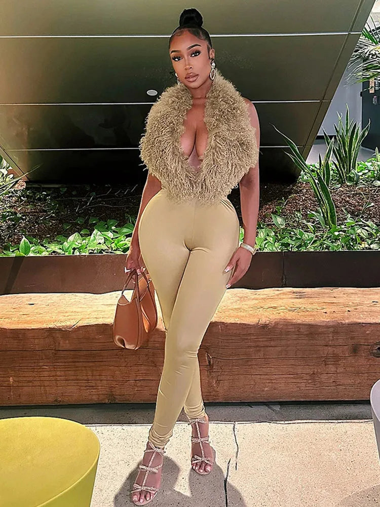 Sexy 2 Piece Set Women Tracksuit hipster Halter Backless furry Tank Tops+leggings matching Sexy Streetwear Outfits