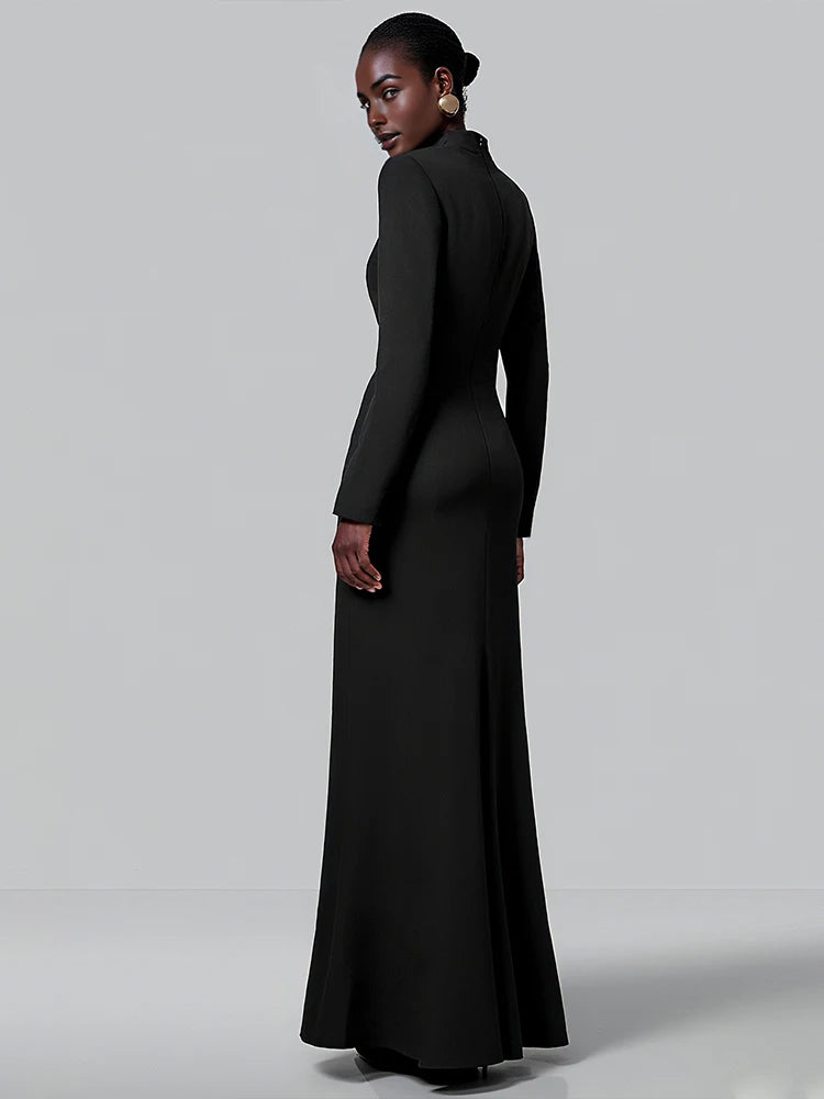 Single-Button Maxi Dress Women Front Split Full Sleeve v-Neck Elegant Classic Office Streetwear Fashion Slim Vestidos