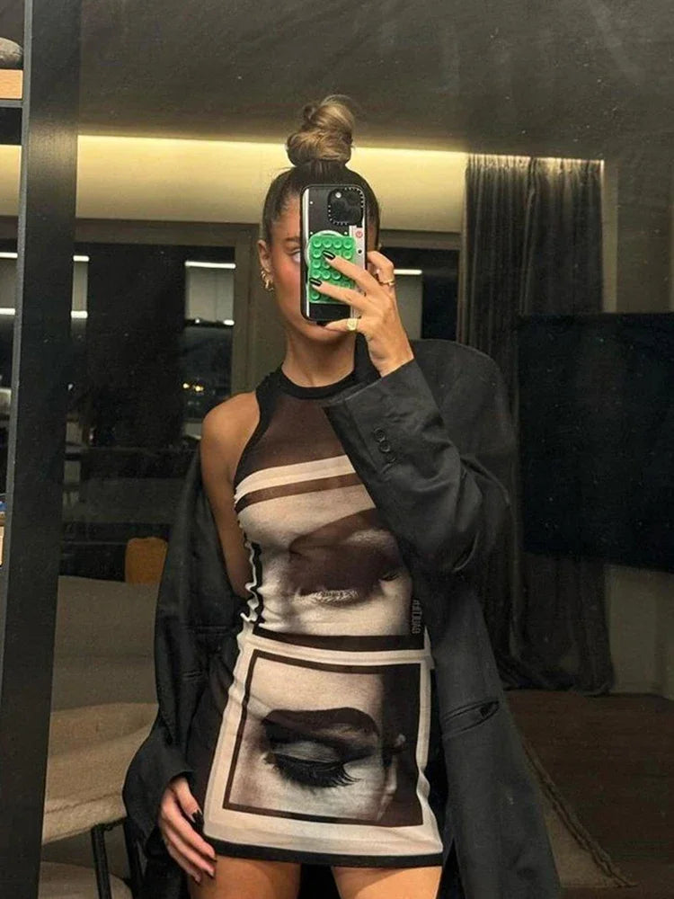 Lip Print Women Long Tops Sexy Y2K Hipster Thin O-neck Sleeveless Wild Basic Stunning Street Club Midnight Party Vest