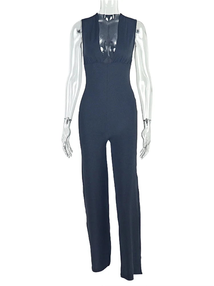 Casual Sporty Jumpsuits Women Summer New Style Ruched Deep V-Neck Sleeveless Street Solid Simple Fashion Overalls