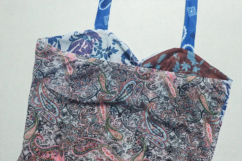 Colorful Print Dress Women Halter Backless Sleeveless Ruched Ruffles Tierred Vacation Beach Party Trend Mini Bodycon