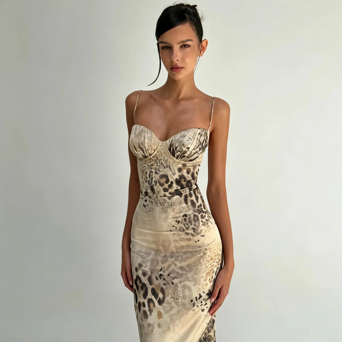 Cheetah Print Bodycon Bandage Dress Woman Elegant Sexy Spaghetti Strap Backless Split Long Dresses