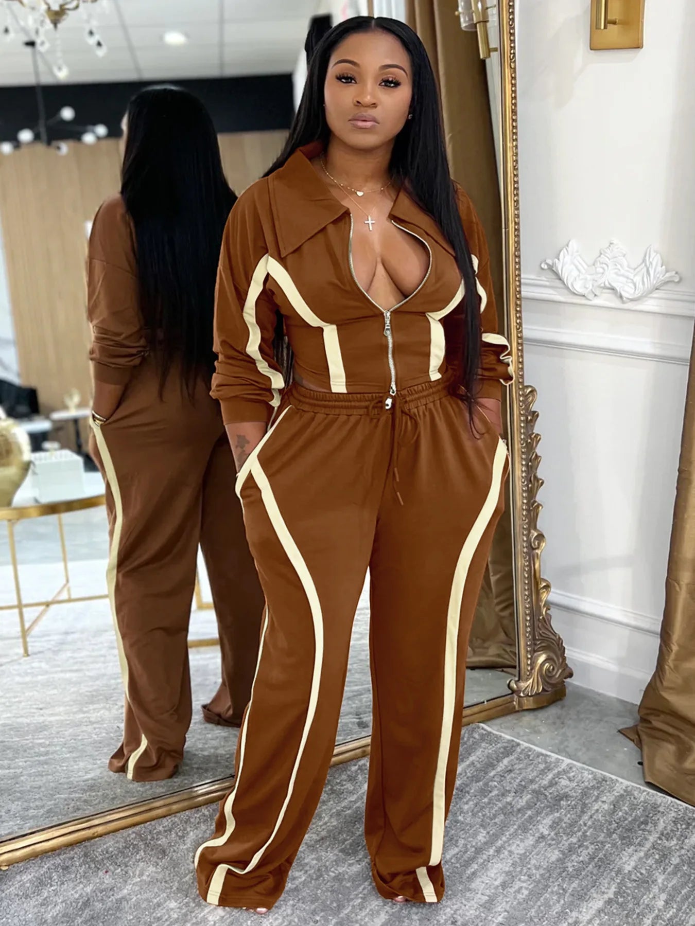 Casual Tracksuit 2-Piece Set Women Stripe Patchwork Zip Lapel Crop Jacket+Drawstring Pants Matching Sporty Outfits