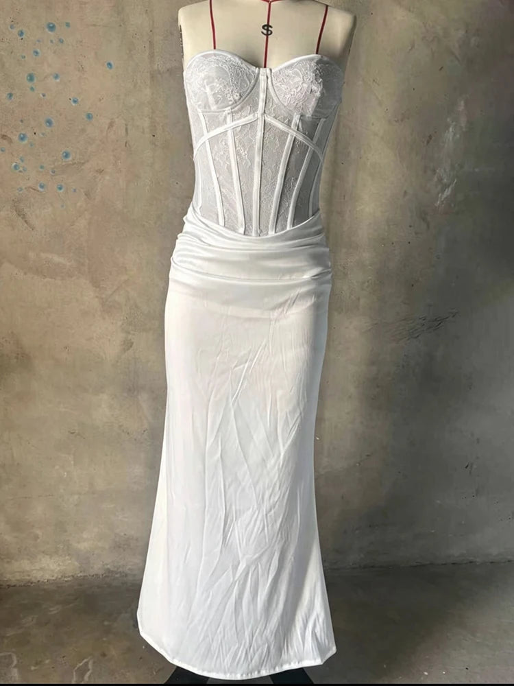 White Lace Corset Satin Sexy Maxi Dress Women Elegant Strapless Sleeveless Backless Bodycon Club Party Long Dresses