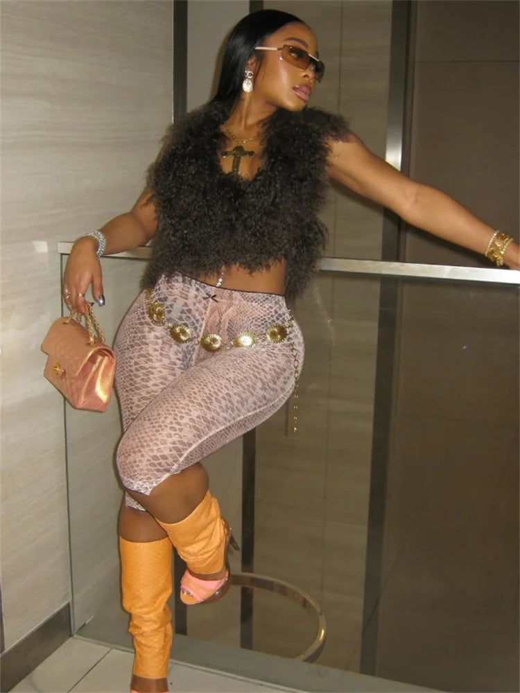 Serpentine Print Shorts Women Street Sexy Wild Style Elastic Waist Skinny Peach Hip Hottie Midnight Club Party Bottom