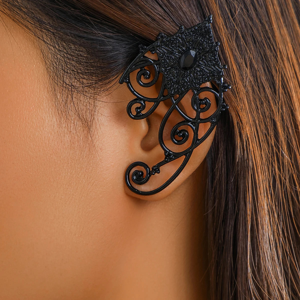 1Pair Gothic Punk Black Hollow Ear Cuff Earrings for Women Vintage Elf Fairy Clip Earrring Halloween Jewelry Accessories Gift
