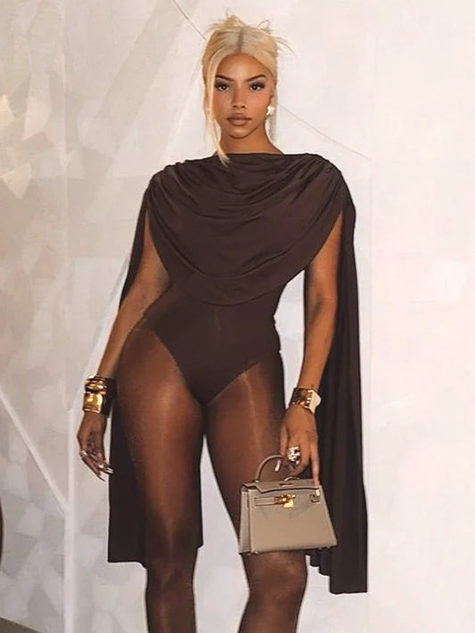 Cowl Neck Sleeveless Bodysuit Tops Spring 2025 Women Sexy Clothing Brown One Pieces Club Outfit