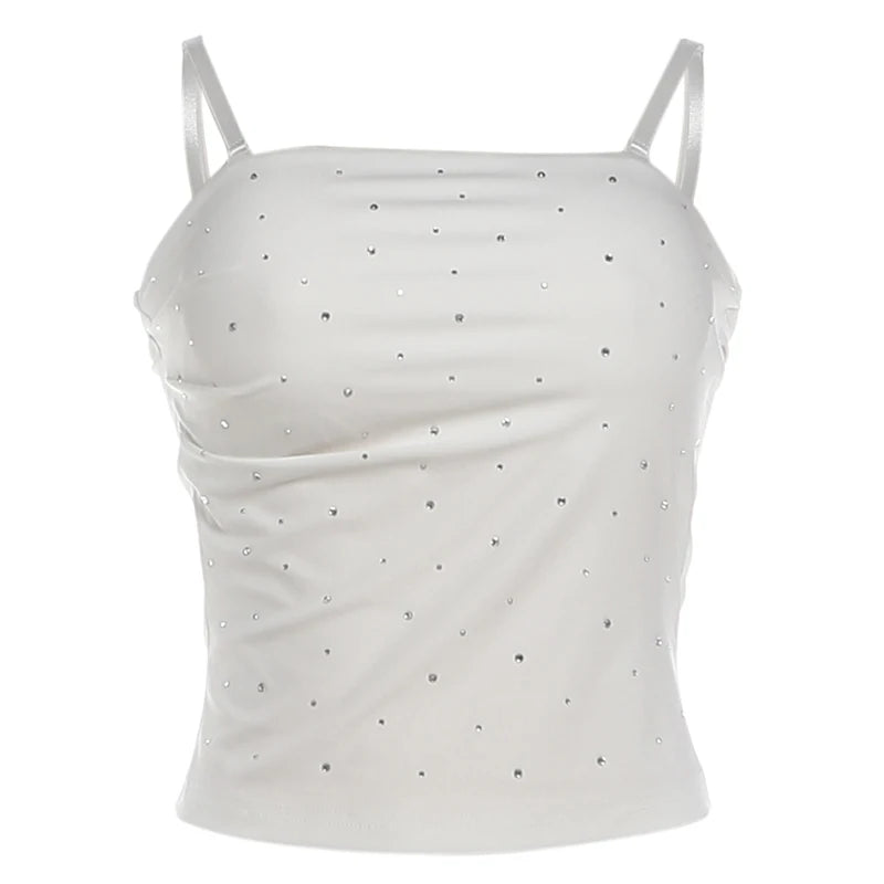 Rhinestone Paste Camisole Women Fashion Classic Square Collar Backless Stretch Skinny Trend Street Sport Tank Tops