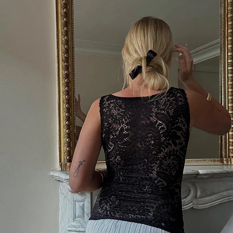 See Through Lace Tank Tops Black White French Style Sexy Sleeveless Shirts Women Summer Clothes