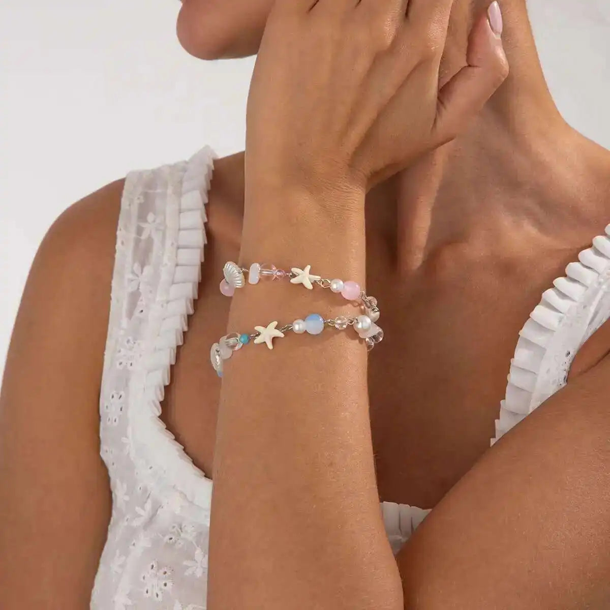 2Pcs/Set Aesthetic Ribbon Imitation Pearl Bracelets for Women Beads Acrylic Star Pendant Bangles Wedding Jewelry New
