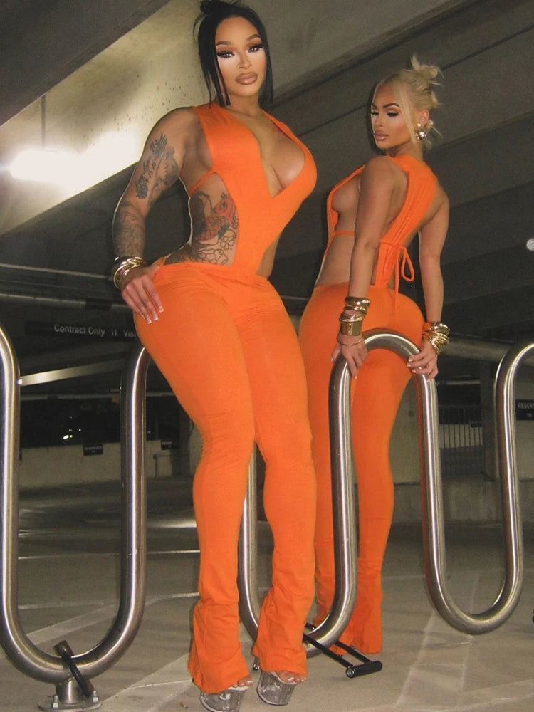 Sexy Hipster Women Tracksuit 2 Piece Set Deep V-Neck Sleeveless Bodysuit Leggings Matching Hipster Streetwear Outfits