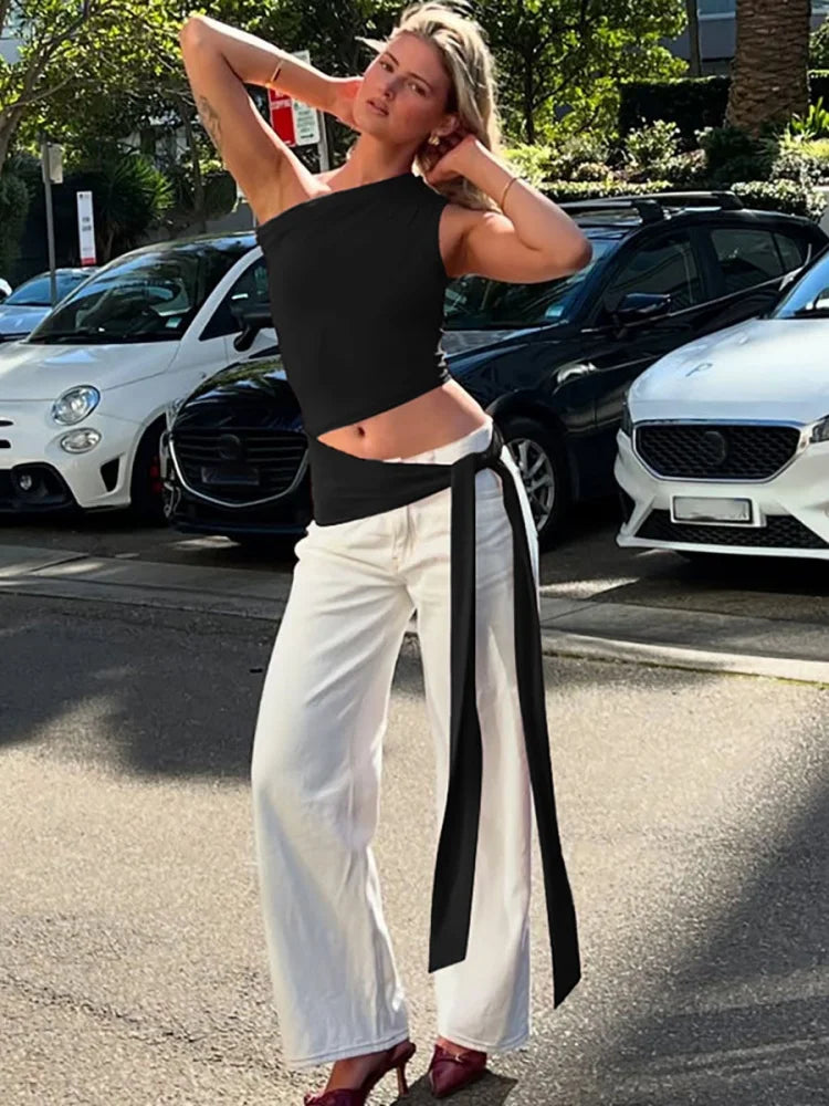 Woman Summer Top Streetwear Lace Up Cut Out One Shoulder Asymmetrical Tank Tops Solid Color