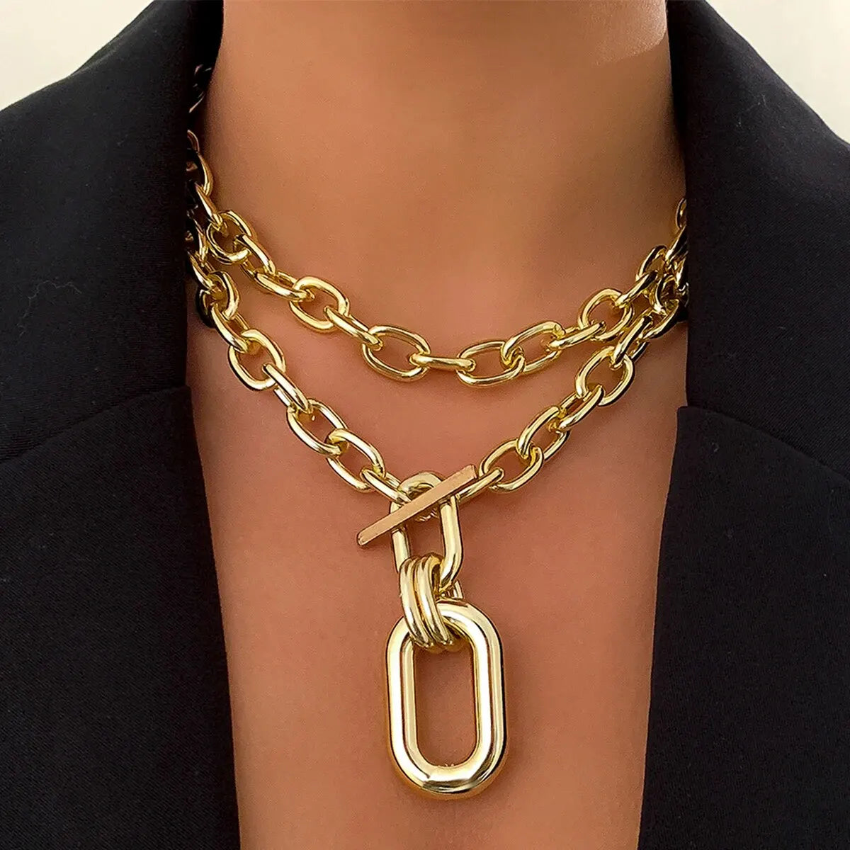 2Pcs Exaggerated Chunky Chain CCB OT Buckle Pendand Choker Necklace for Women Heavy Metal Link Jewelry Accessories Steampunk Men