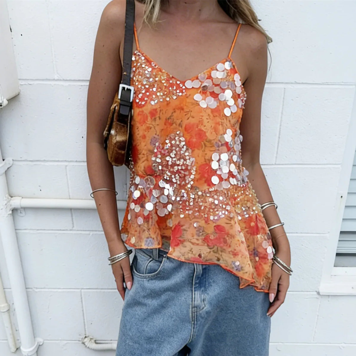 Luxury Sequined Camisole Tops Women Summer Vintage Floral Print Spaghetti Strap V-Neck Mesh Tank Tops Y2K Streetwear