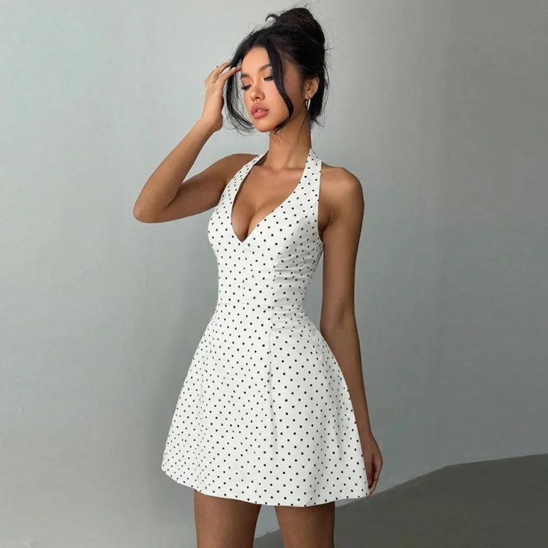 Polka Dot Print White Summer Dress Woman 2025 Elegant Retro Deep V Neck Backless A-line Short Dresses