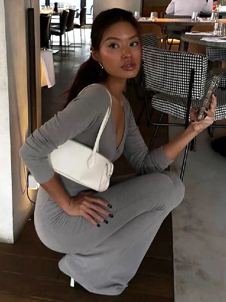 Sexy Flare Jumpsuit Women Long Sleeve V-Neck Single-Breasted Solid Sporty Commute Stretchy Skinny Elegant Overalls