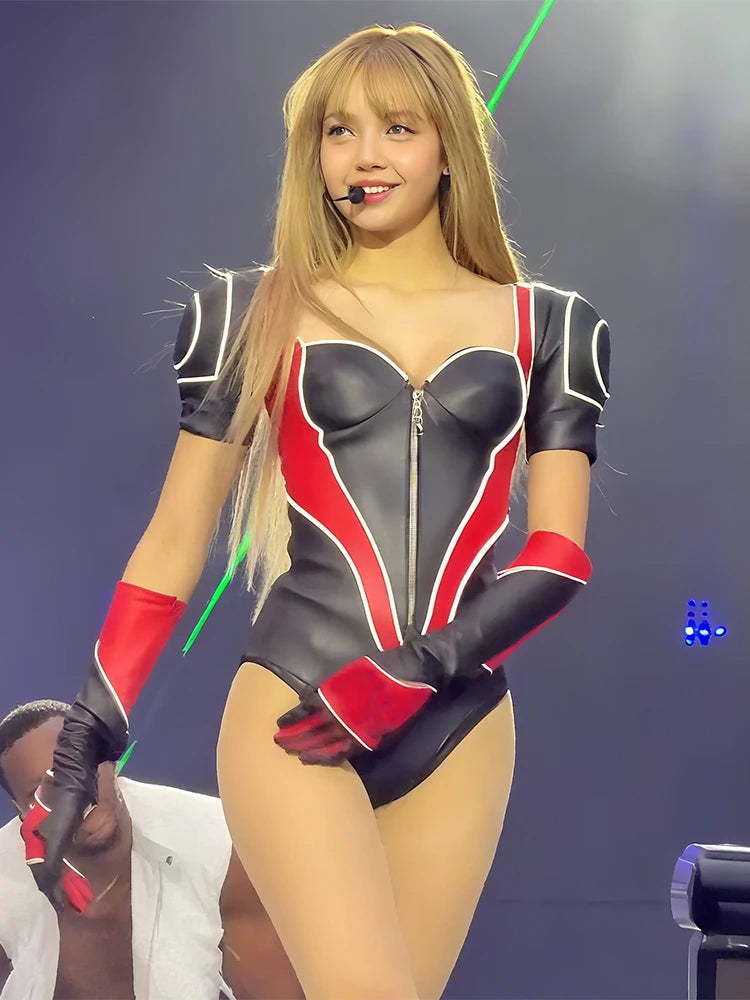 Patchwork Hipster 2Piece Women Faux Leather Long Gloves+Low-Neck Zip Skinny Bodysuits Sexy Music Festival Streetwear