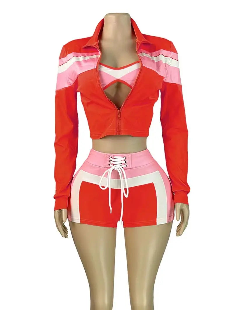 Colorful Print 3 Piece Set Women Tracksuit Casual Zip Crop Tops+Bra+Shirring Shorts Matching Street Stretch Outfits