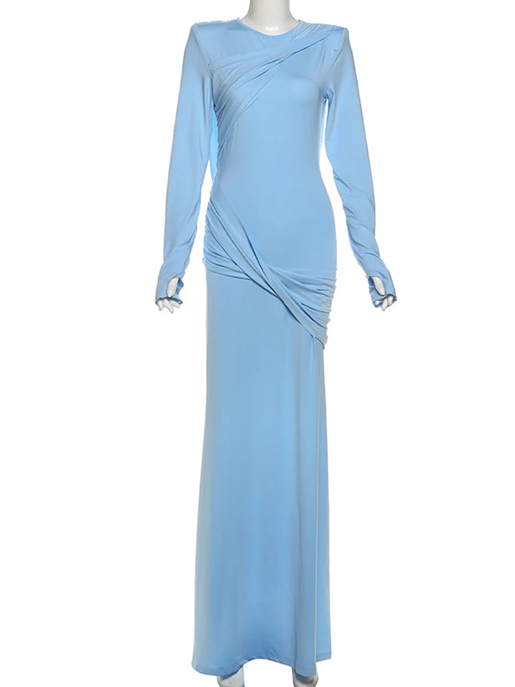 Ruched Kink Design Long Dress Women Autumn New Trend o-Neck Backless Full Sleeve Prom Party Elegant Skinny Vestidos