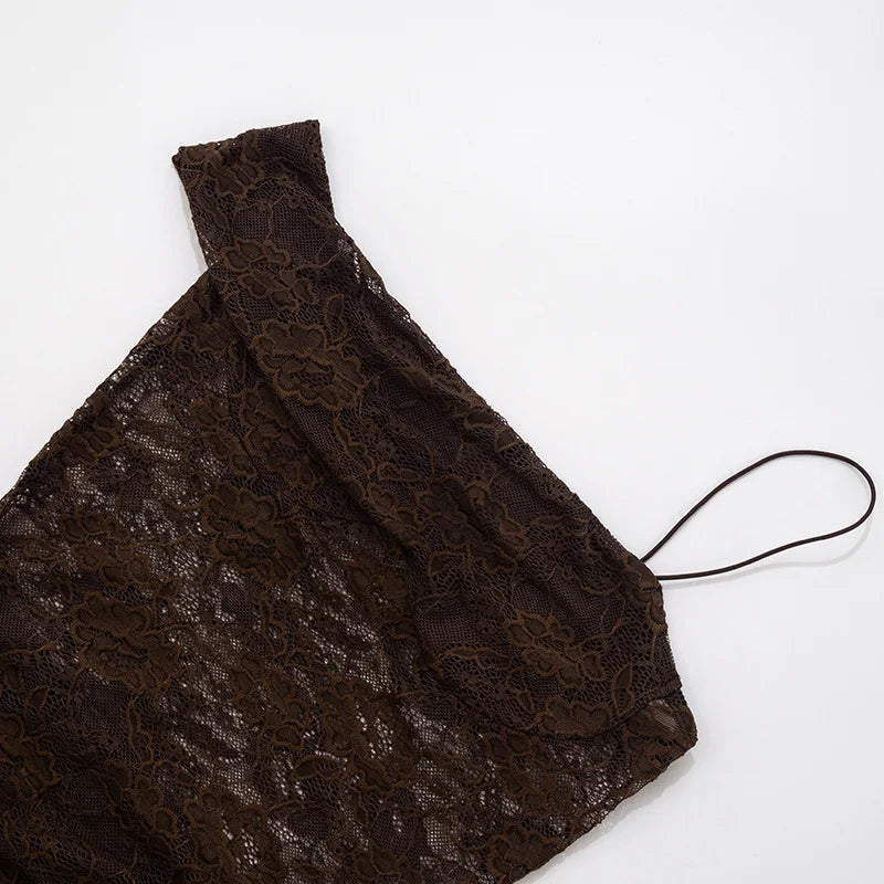 See Through Lace Spliced One Shoulder High Split Maxi Dress European Style Clothes Woman Sexy Party Dresses