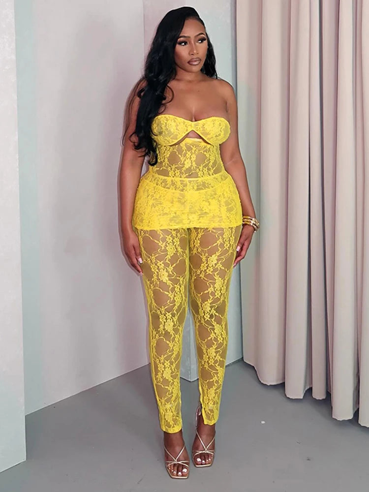 Sexy Lace Women 2 Piece Set Thin Hipster Summer Coquette Hollow Strapless Dress+Leggings Midnight Matching Clubwear