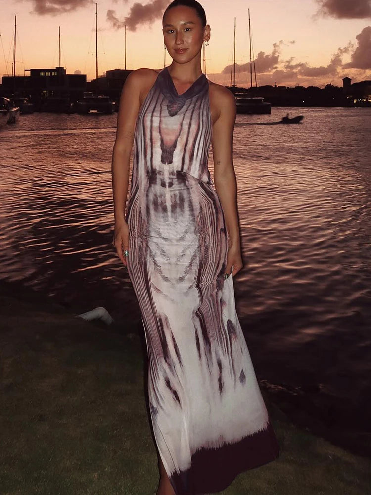 Backless Chain Dress Women See Through Sexy Y2K Sleeveless Gradient Print Side Split Midnight Clubwear Maxi Bodycon