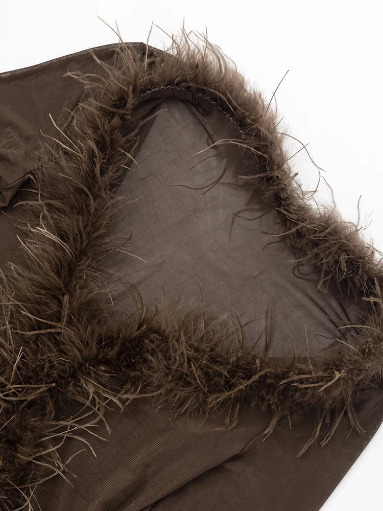 Feather Patchwork 2Piece Set Women Thin Fit Long Sleeve V-Neck Crop Top+Stretch Trousers Midnight Sexy Matching Suit