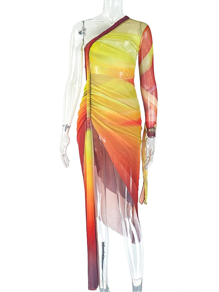 Irregular Sexy Dress Women See Through Gradient Print Skew Collar Split Shirring Ribbon Ruched Birthday Club Vestidos