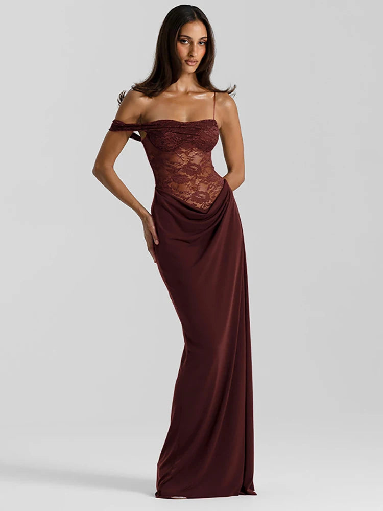 One Shoulder Lace See Through Sexy Maxi Dress Women Gown Fashion Off-shoulder Sleeveless Backless Club Long Dresses